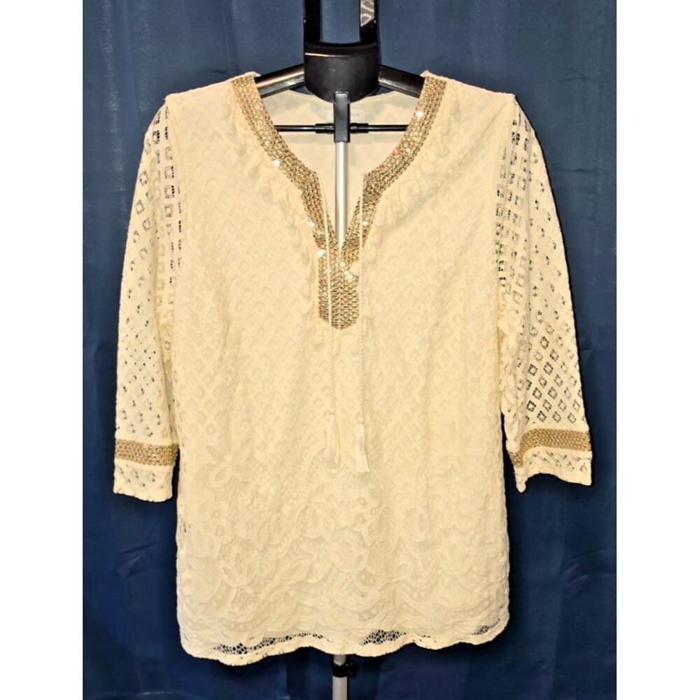 Charter Club Cream Gold Tunic Shirt Top Blouse Lace Look Size XL Tassel